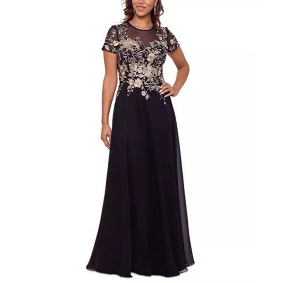 New Betsy & Adam Womens Size 14W Black Mesh Embroidered Cocktail Gown Maxi Dress - Picture 1 of 12